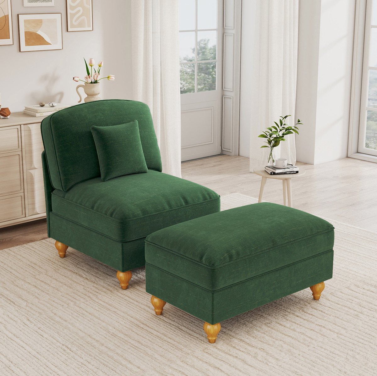 FloraGrace Fauteuil 78 x 83,5 x 93 cm - Met Hocker, Afneembare Rok En Verplaatsbaar Kussen - Voor Woonkamer - Chenille - Groen