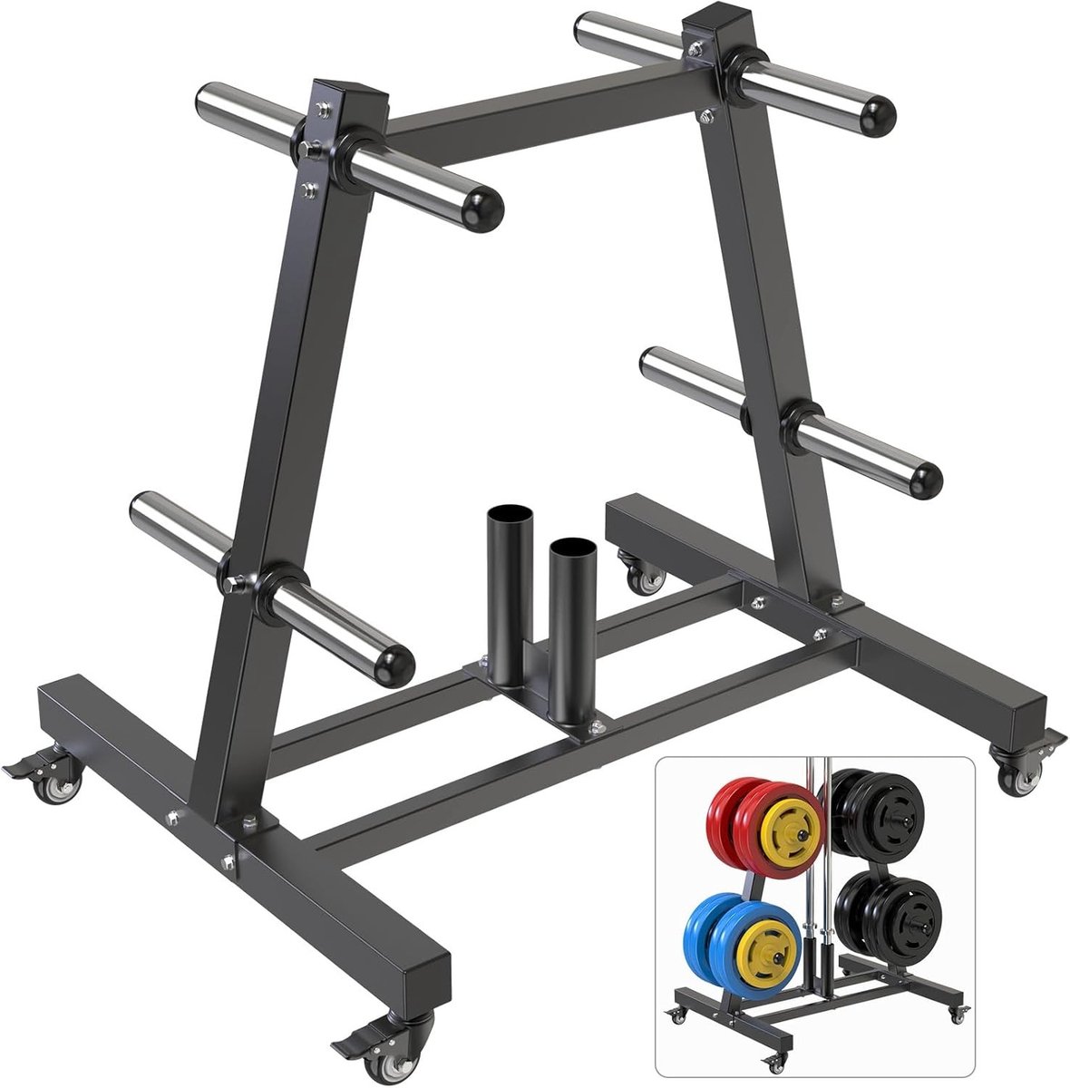 Gewichtsschijfhouder met Tree Rack voor 2 Inch Olympische Gewichtsschijven en Dumbbellhouders, Robuuste Bumperplaat Opslagoplossing voor Thuisgym met Optionele Wielen