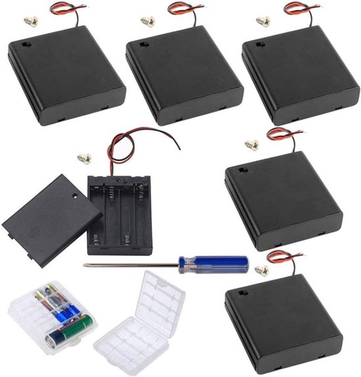 AA batterijhouder met schakelaar en deksel - 6 stuks - 4x1.5V - zwart plastic - met kabels