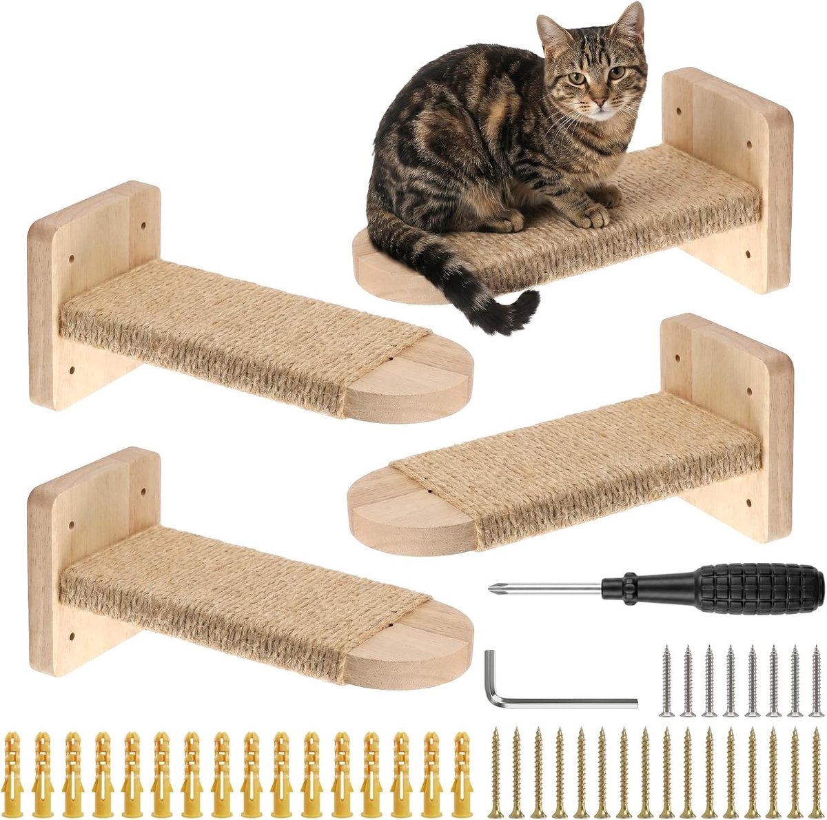 Katten klimwand set van 4: massief rubberhout met jute touwen voor krabben, klimmen en rusten voor jouw kat