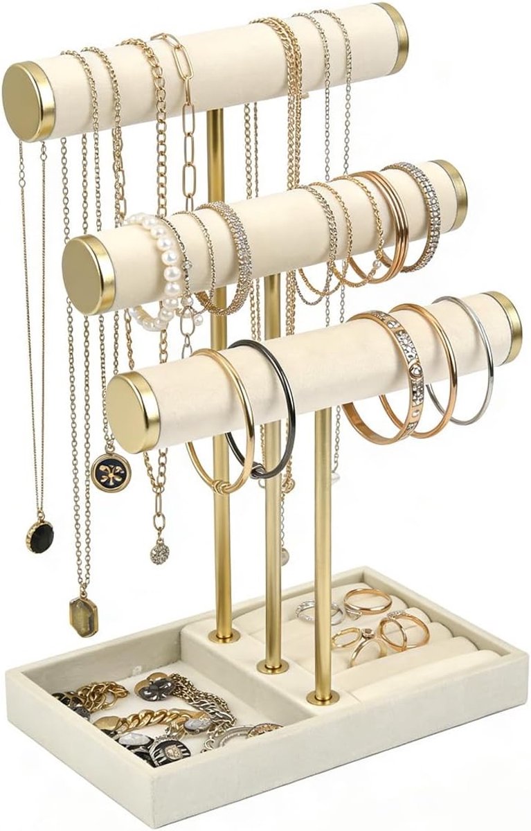 Elegante sieradenstandaard met 3 niveaus voor kettingen, armbanden en oorbellen, stabiele sieradenhouder van metaal en fluweel, perfecte sieradenorganizer voor thuisgebruik