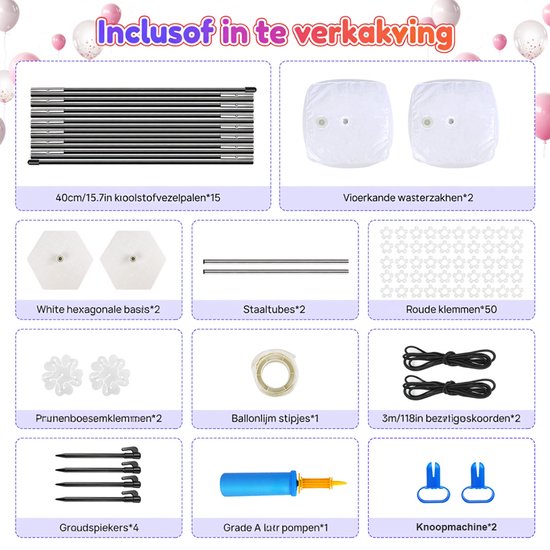 Inhoud van de ballonboogset, met stalen buizen, bases, pomp en ballonclips.