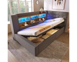 bed 90x200 cm met opbergruimte en LED-verlichting, slaapbank met Hydraulische Bedbodem, USB en Type-C, 200 kg,Grijs