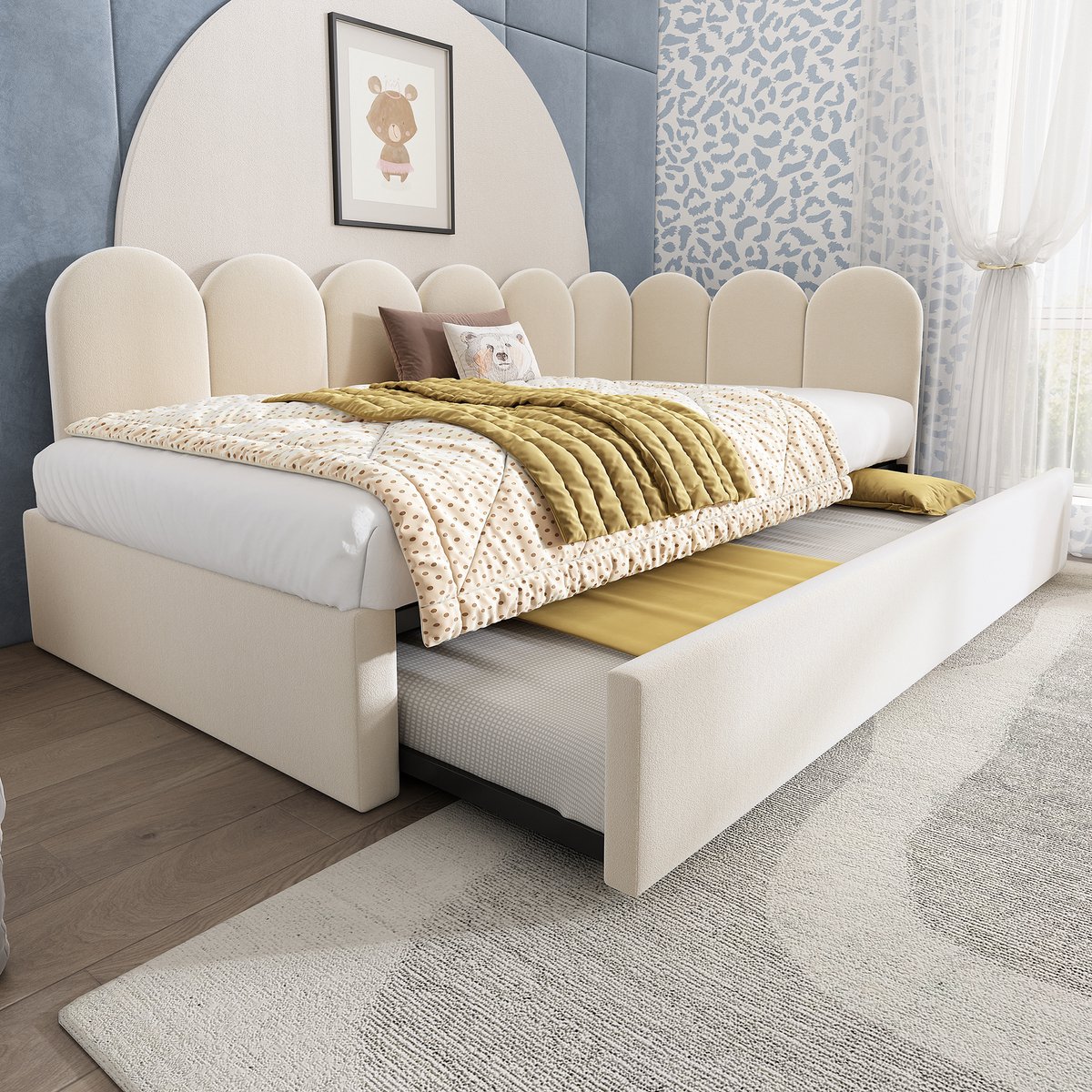 DayBed 90 x 200 cm – met uitschuifbed – fluweel – beige – voor kinderkamer en tienerkamer – praktisch ruimtebesparend ontwerp
