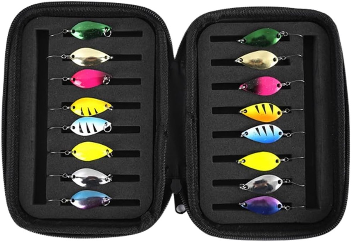 Set van 16 vislepels en spinner aas voor snoek, baars en zander met handige opbergdoos, 165 x 115 x 38 mm