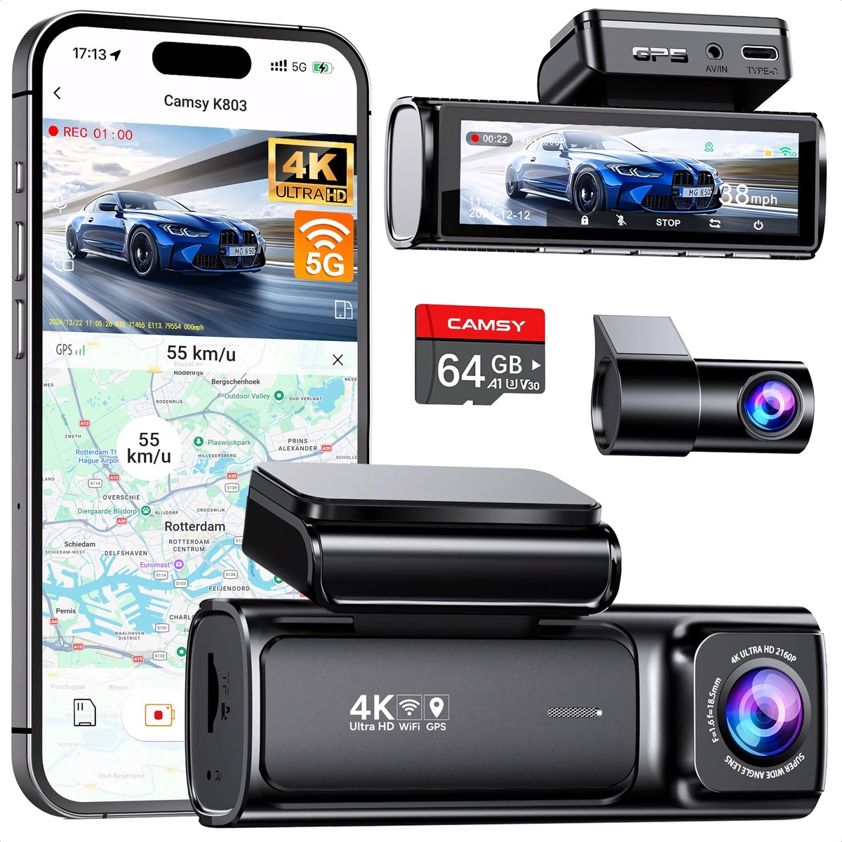 Camsy K803 Dual Dashcam voor auto - 4K & 1080p - 3,59 inch LCD met App
