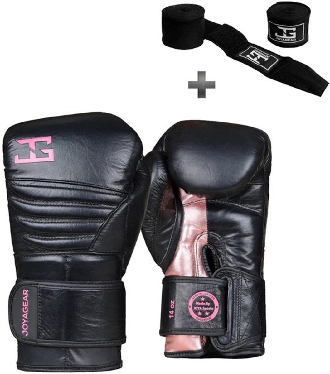 Joya Bokshandschoenen Falcon Zwart Roze - 10 oz – Echt Leren Kickbokshandschoenen – Dubbele Klittenbandsluiting – Heren/Dames – Training