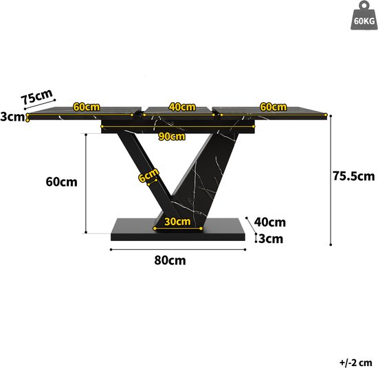 Afmetingen van de uitschuifbare tafel: 120-160 cm lengte, 75 cm breedte, 75.5 cm hoogte.