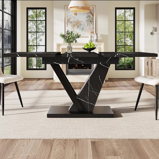 Uitschuifbare Eettafel (120-160*75cm), Tafel met Verlengstukken, Keukentafel, Uitschuifbaar tot 120-160cm met Behulp van Interne Verlengstukken, voor Keuken en Woonkamer, Eettafel met Zwart Marmerpatroon