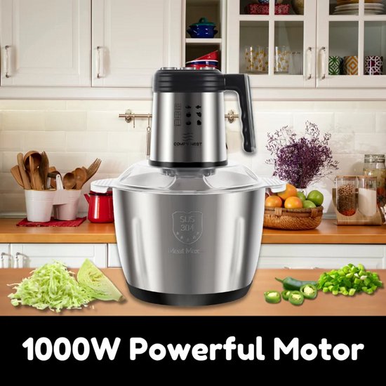 Foodprocessor - Elektrische Hakmolen - 1000W - 5 Liter RVS Kom - 3 Snelheden - 6 Messen - Zilver van Comfy Nest — afbeelding 4
