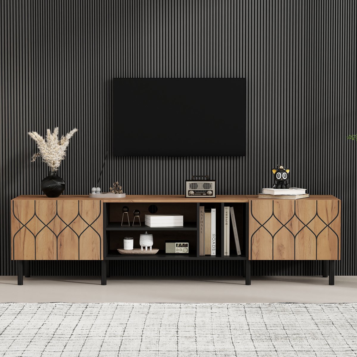 OKWISH Televisiemeubel - 2 Deuren En 4 Open Vakken - Push-To-Open En Soft-Close - Voor Woonkamer - MDF En Spaanplaat Zwart Naturel - 180x40x50 Cm