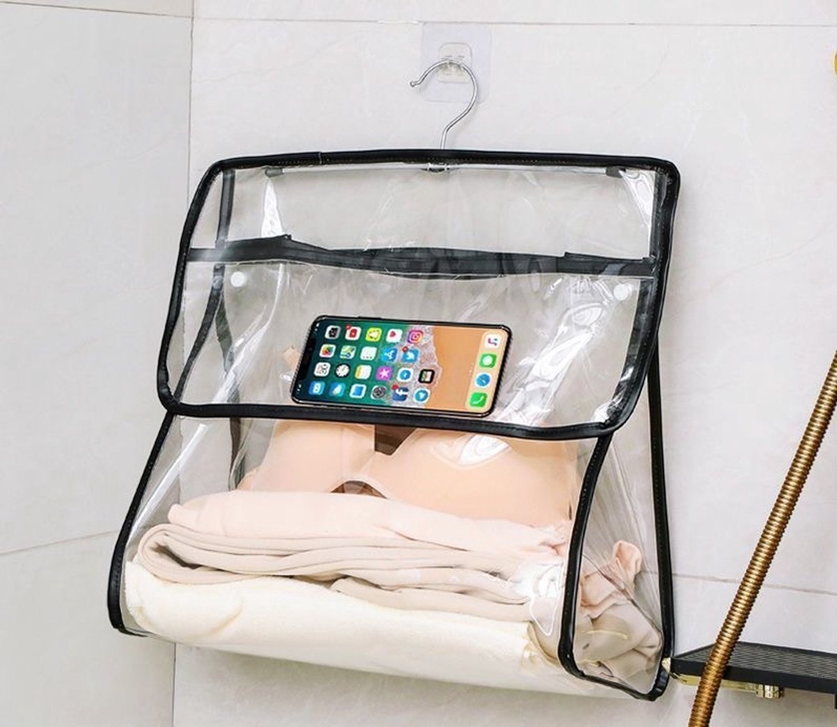 Badkamer Organizer Hangend Transparant – Waterbestendige Douche Opbergtas met Metalen Haak – Badkamer Opbergzak voor Kleding, Toiletartikelen en Telefoon – Zwart