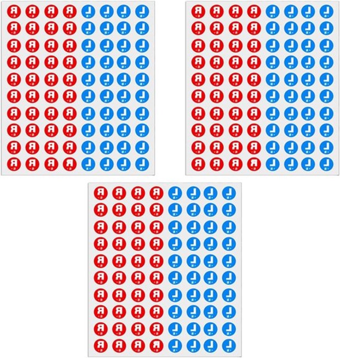 Waterdichte zelfklevende indicatorstickers in blauw voor links en rood voor rechts, formaat L en R, 3 vellen voor duidelijke richtingaanduiding