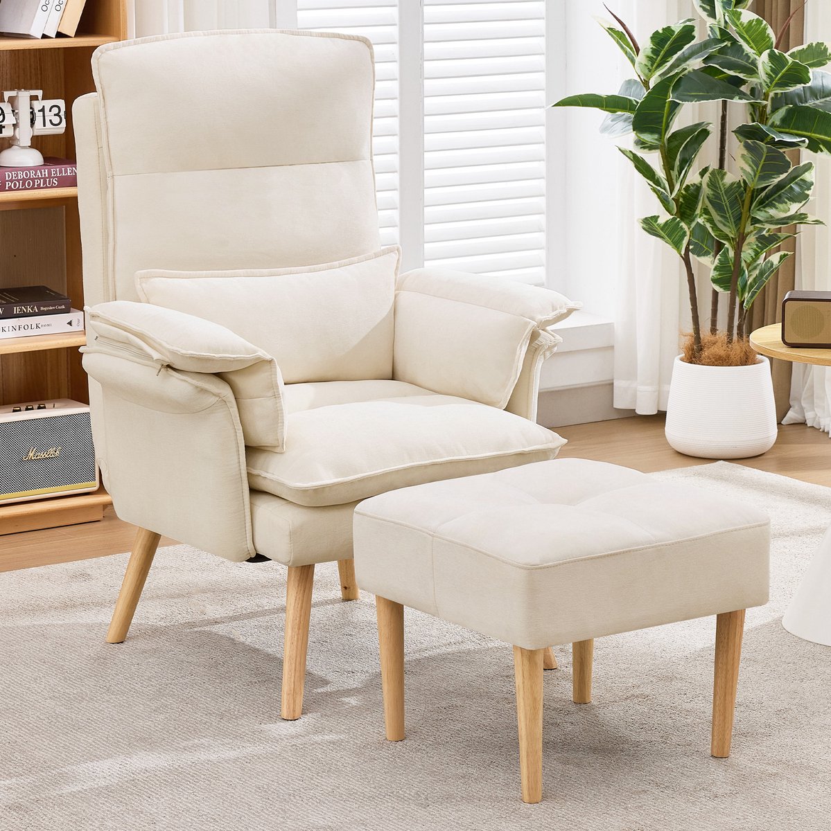 FloraGrace Relaxfauteuil Met Hocker - 5-Voudig Verstelbare Relaxstoel - Met Kussen Voor Hoofd En Armleuningen - Voor Woonkamer En Leeshoek - Linnenstof - Beige