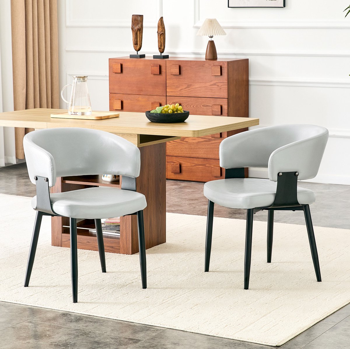 FloraGrace Eetkamerstoel Kuipstoel Set Van 2 - Met Armleuningen En Zachte Kunstleer Bekleding - Retro Voor Eetkamer, Woonkamer En Horeca - Metaal - Grijs