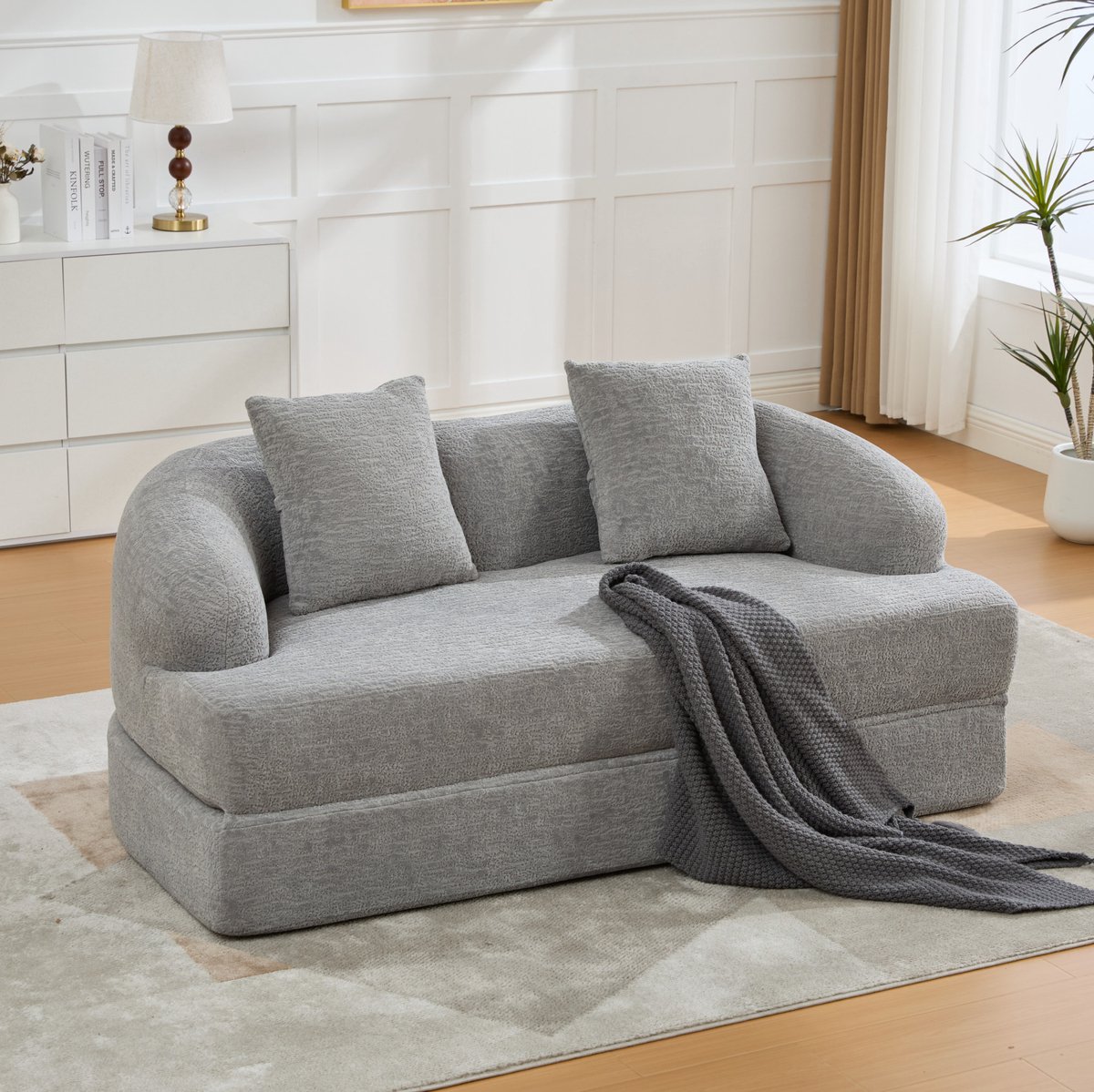 MIVRAY Slaapbank 157 x 84 x 65 cm - 2 in 1 Uitklapbare 2-Zits Voor Woonkamer En Logeerkamer - Chenille Lichtgrijs
