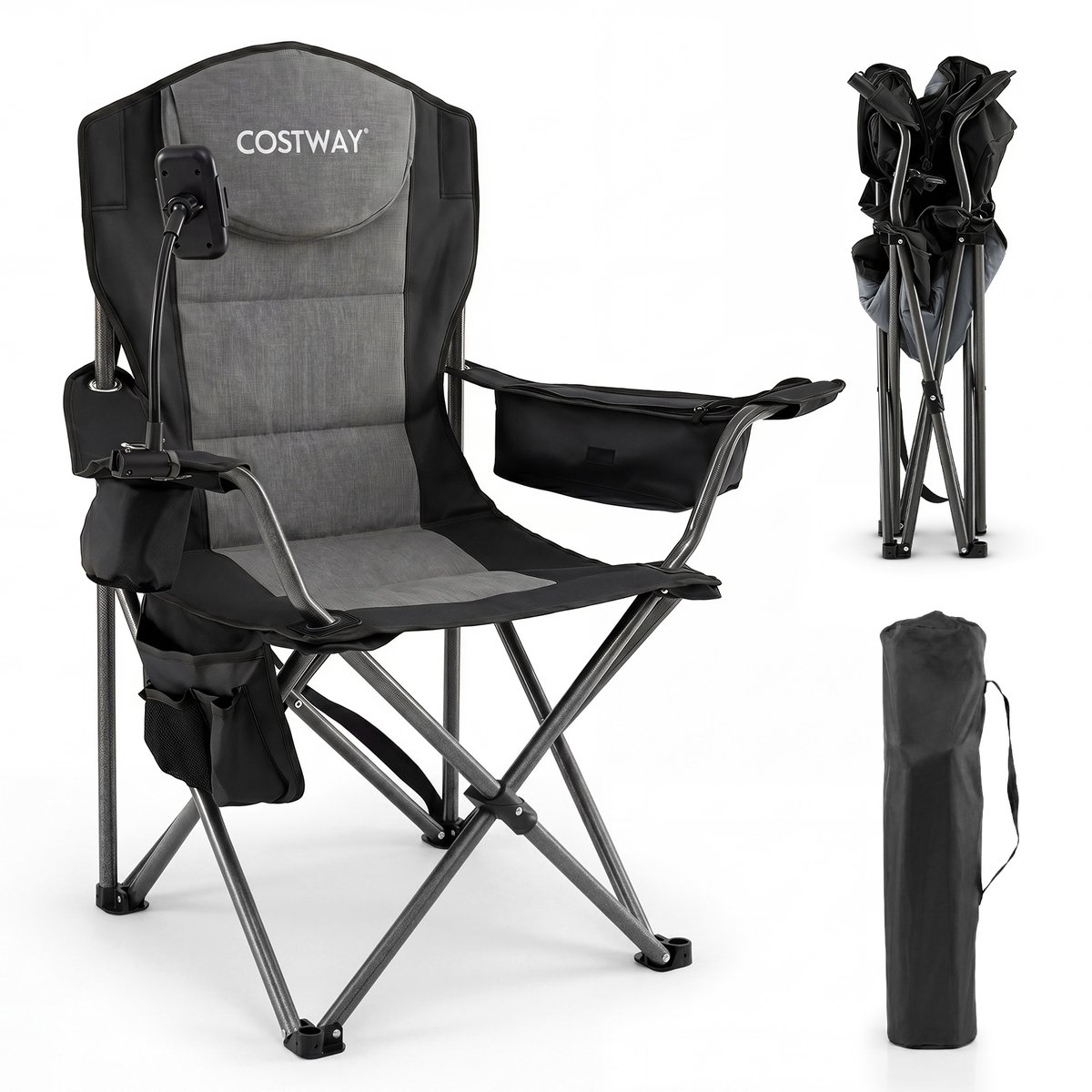 COSTWAY Campingstoel, opvouwbaar, XXL, 200 kg, belastbaar, inklapbaar, gevoerd | Extra grote visstoel met koeltas, telefoonhouder, zijvak en bekerhouder, vouwstoel voor camping, picknick