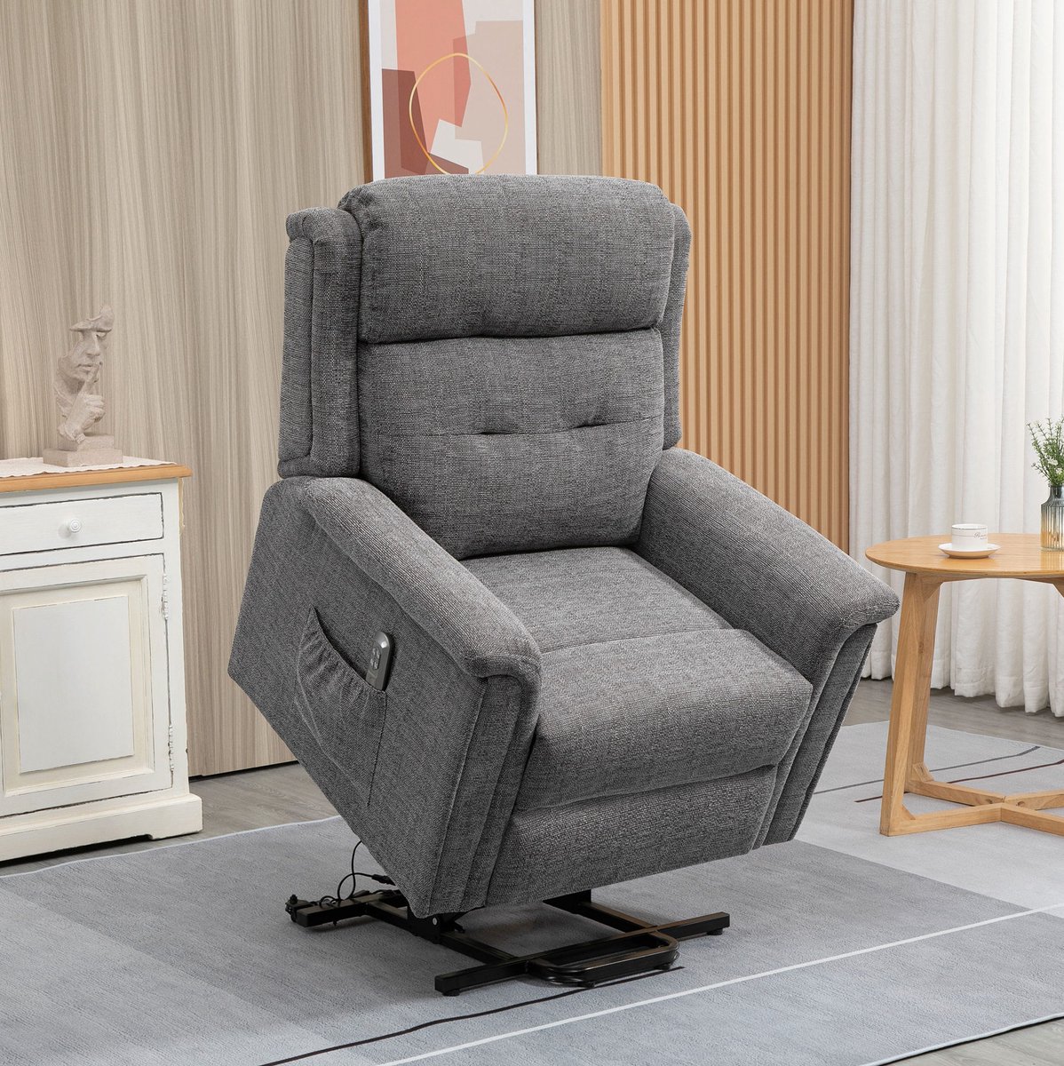 FloraGrace Relaxfauteuil 92 x 87 x 108 Cm - Elektrische Sta-Op Hulp En Rugleuning Tot 180 Graden - Voor Woonkamer En Rustruimte - Stof - Grijs