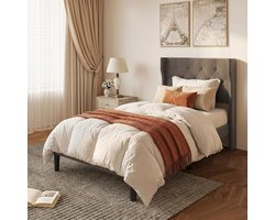 Xbro Gestoffeerd Bed 90 x 200 cm met Hoofdbord en Lattenbodem, Eenpersoonsbed met 20 cm Opbergruimte, Gemakkelijk te Monteren