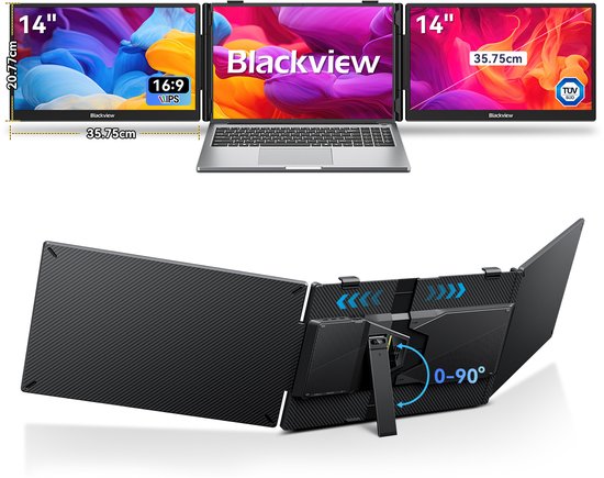 Blackview DCM5 - Draagbare Externe Monitor - 14" FHD Dubbel Scherm USB-C 100W PD - Ultradun Opvouwbaar Plug & Play Laptop scherm 13–17,3" - Grijs