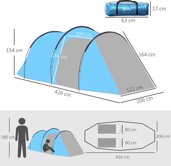 REDOM Tunneltent - 2-3 Persoons - Twee Ruimtes Met Voortent - Polyester - Lichtblauw - 426 X 206 X 154 Cm van Merkloos — afbeelding 5
