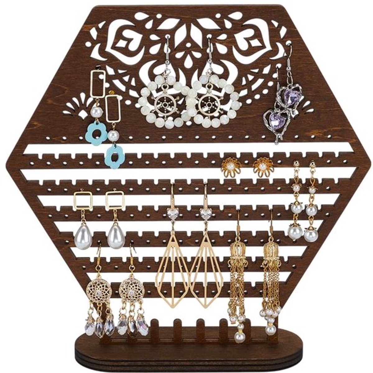 Oorbel Display Houder Zeshoekige Oorbel Organizer Stand Zeshoekige Houten Oorbel Display Stands Kokosbruin Desktop Sieraden Organizer Houder voor Oorbellen Ringen Woondecoratie