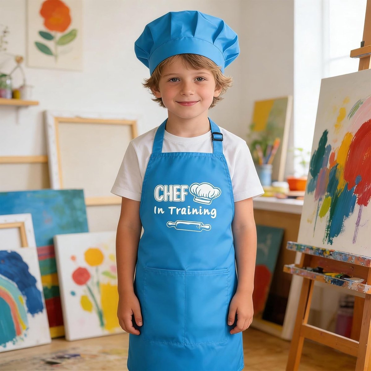 Verstelbare kinderschorten met 2 grote zakken, ideaal voor koken, bakken en knutselen voor jongens en meisjes