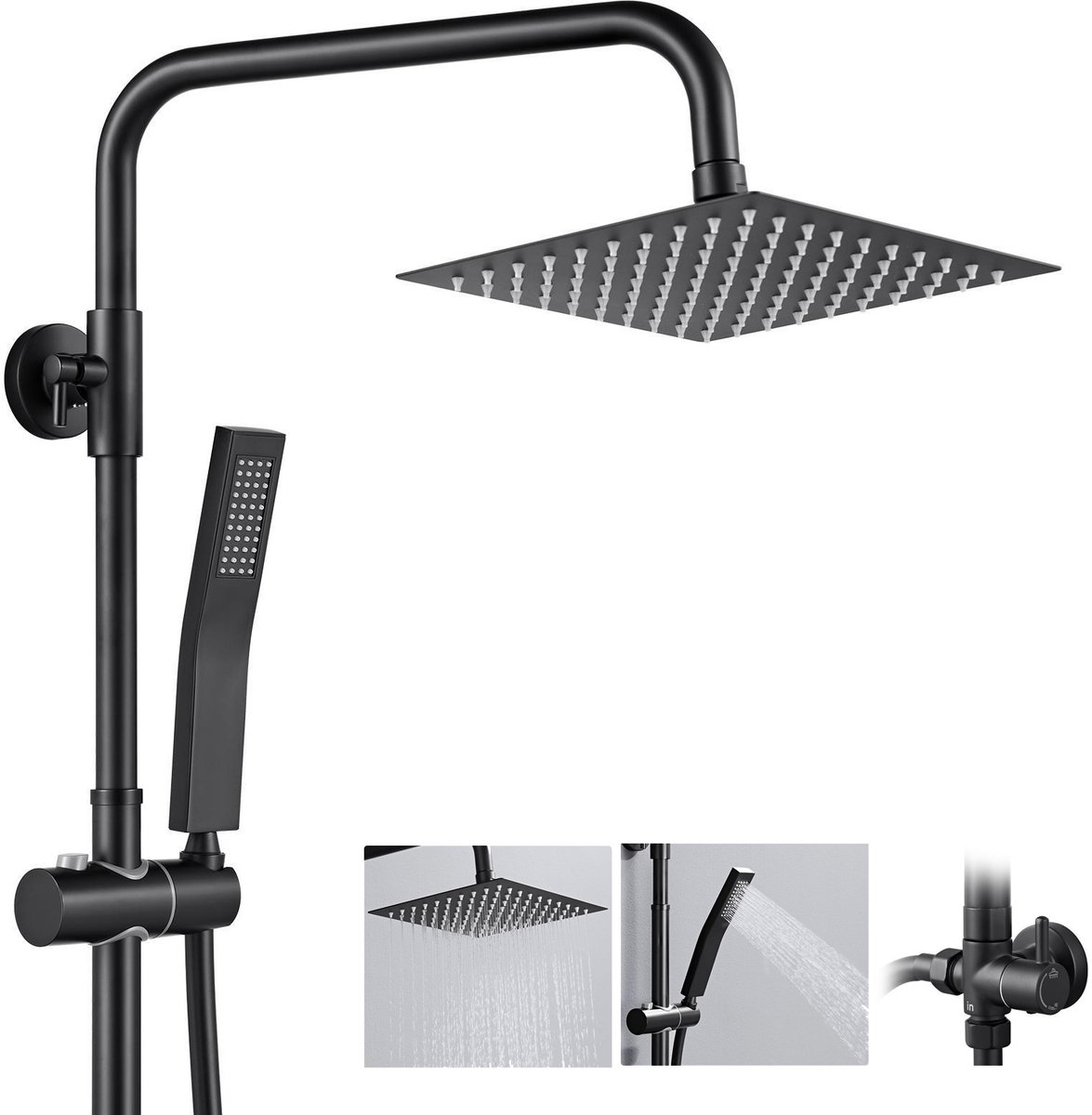 Auralum Max Regendouche Zonder Kraan - Doucheset - 20 CM Vierkant Douchekop - Regendouche en Handdouche - Duurzame Messing Omsteller - Waterbesparend - Zwart