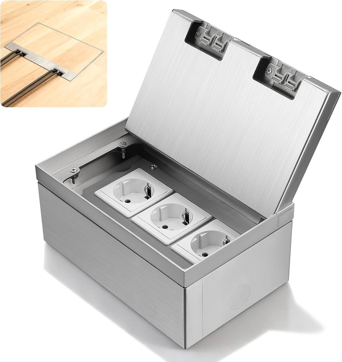 Vloerinbouwcontactdoos roestvrij staal met klapdeksel, verzonken stopcontact voor binnengebruik, ideaal voor keuken en kantoor, 16 A, 4000 W, zilver