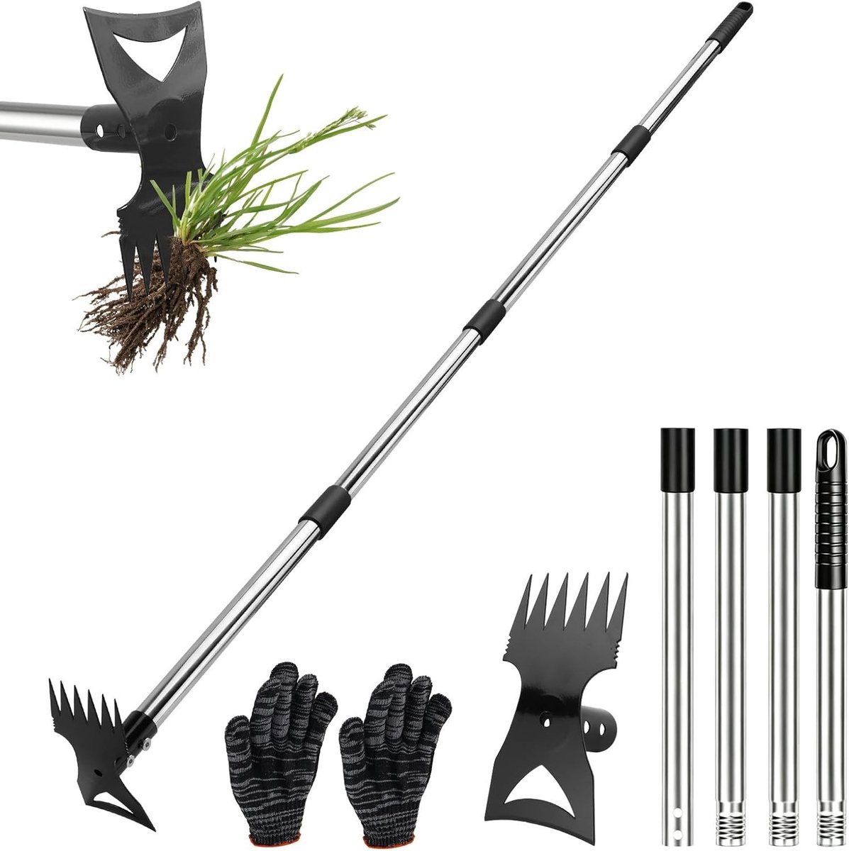 Onkruidsteker 148 cm - Effectieve onkruidverwijderaar voor tuin, gazon en terras met afneembare tuinhak en 2-in-1 onkruidhark