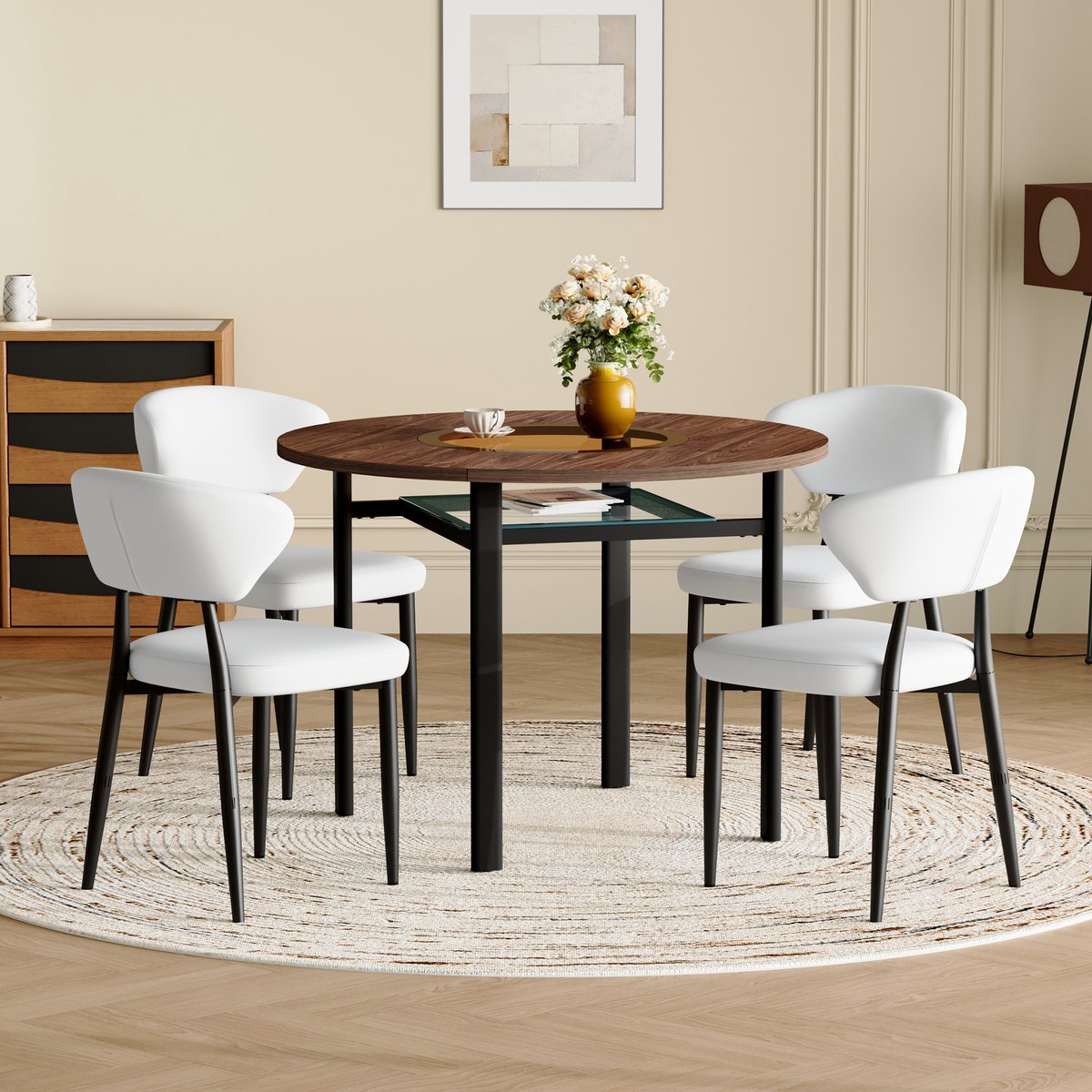 DESMIU Tafel En Stoelen Set 100 Cm - Ronde Eettafel Met Glasinleg En 4 Stoelen - Voor Eetkamer En Keuken - MDF En Metaal - Bruin, Wit En Zwart