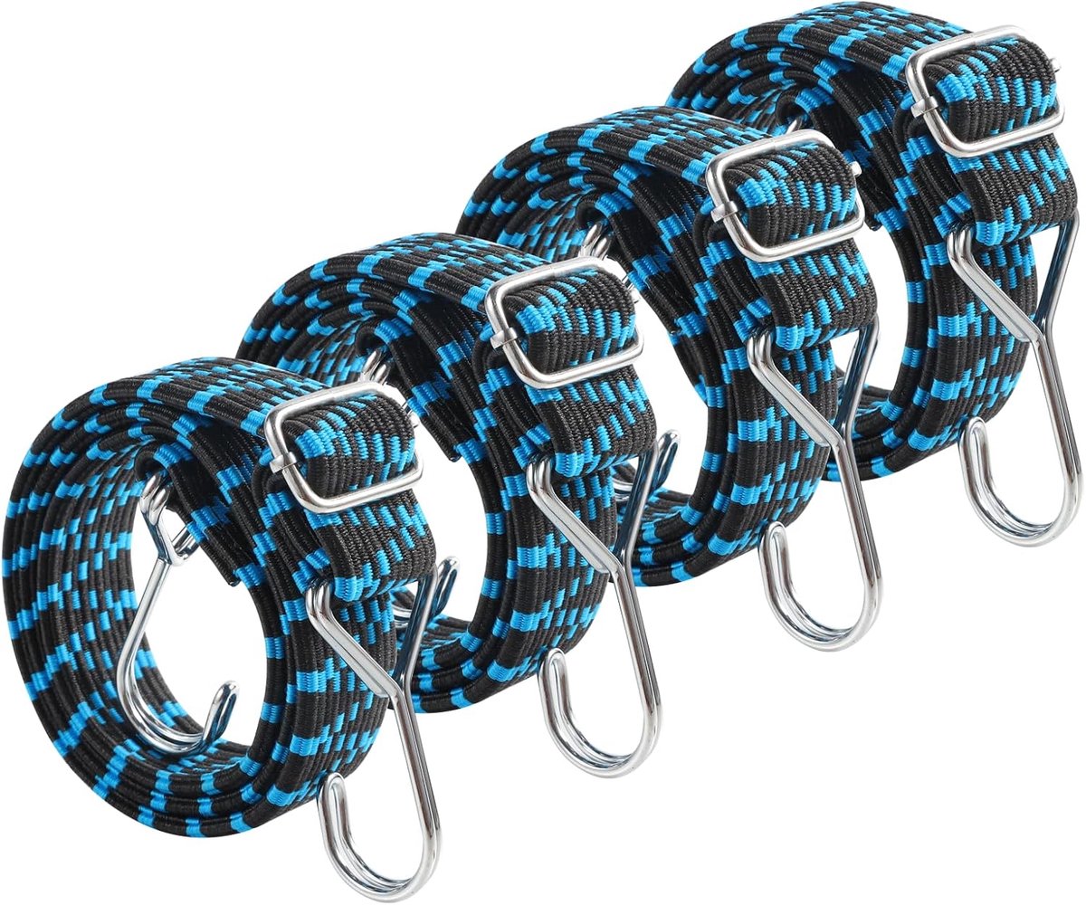 Elastische spanbanden met haken (set van 4) – Verstelbaar, plat ontwerp, 1 meter lang – Geschikt voor fietsen, afdekzeilen, zwembaden en tenten – Blauw