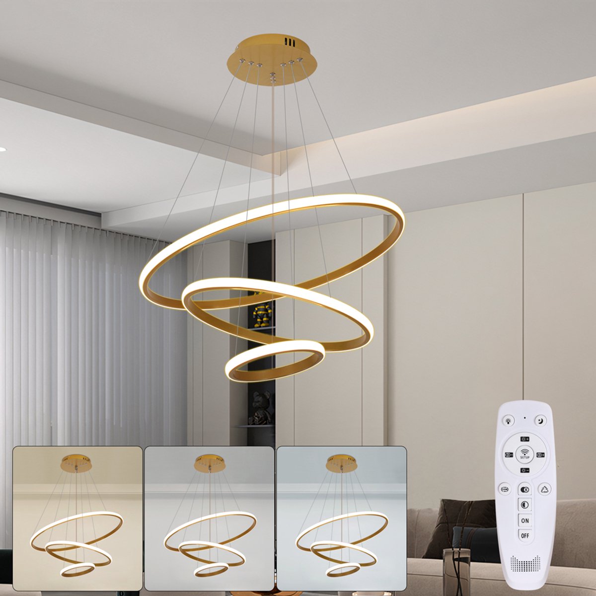 Riserva LED Hanglamp 3 Ringen - 40W - 4500 lm - Dimbaar 3000K-6500K - Met Afstandsbediening - Goud - Moderne Hanglamp voor Woonkamer, Eetkamer en Slaapkamer