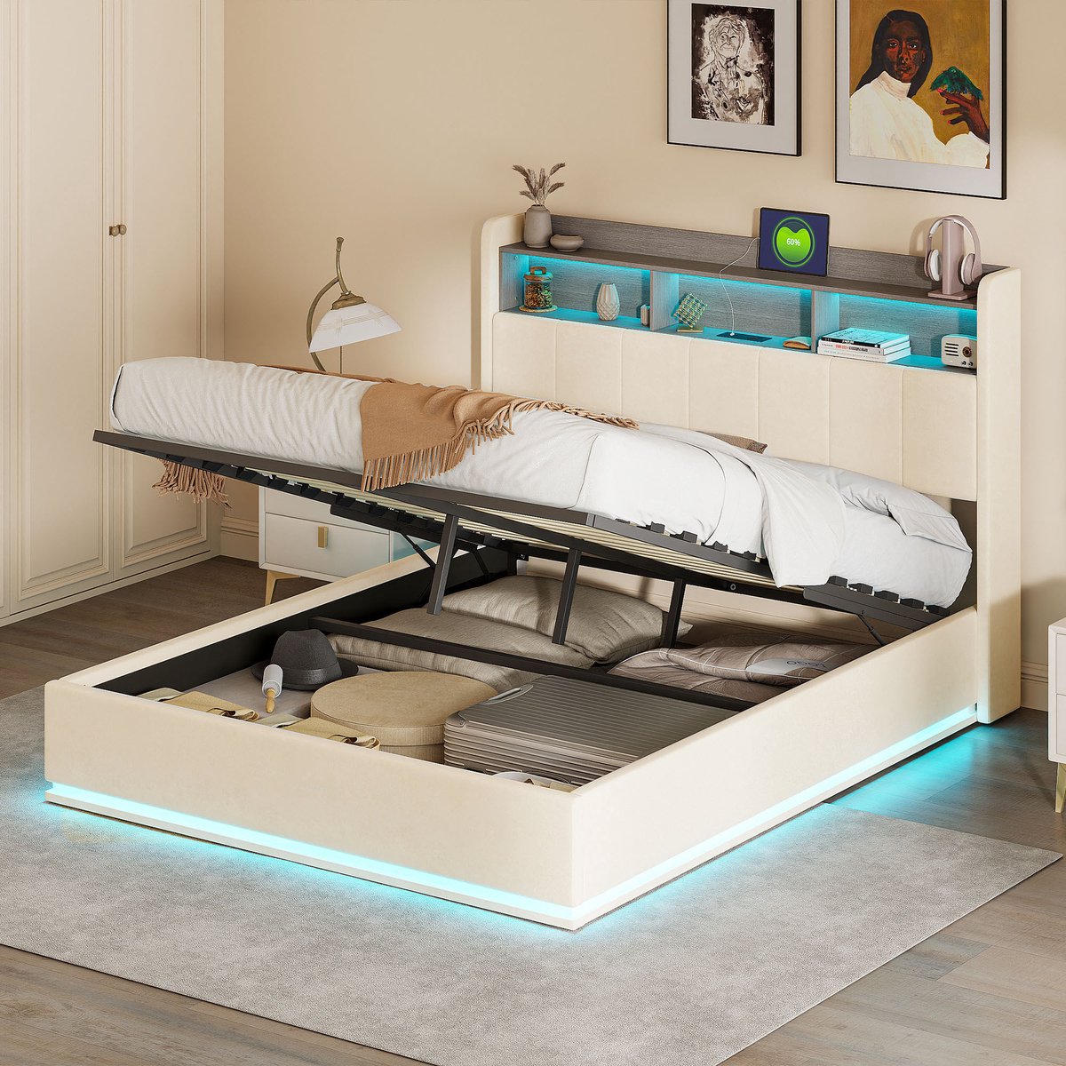Opbergbed 140x200 met LED en USB-poort, Tweepersoonsbed met open planken, gevoerd hoofdeinde en opbergruimte, bedframe met lattenframe, fluweel Beige