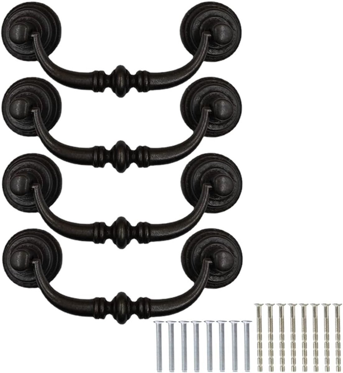 Vintage Ladehandgrepen Set van 4 - Antieke Swing Ringen met Schroeven voor Kastdeuren, Keuken en Badkamer - 12.5CM Zwart IJzer