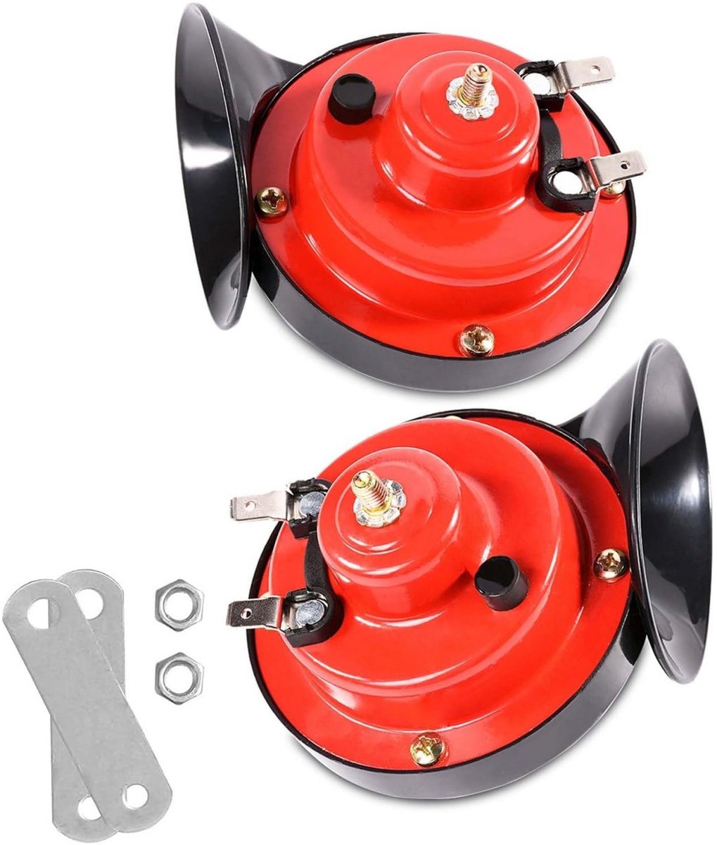 12V rode dubbele elektrische schotelhoorn set, luid hoog-laag dubbeltoon signaalhoorns, complete montagebeugels en moeren, universeel geschikt voor personenauto, motorfiets, vrachtwagen en boot met 12V systeem