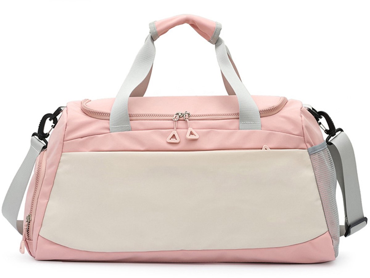 Deze roze sporttas heeft aparte vakken voor natte en droge spullen en een apart schoenenvak Hij kan gebruikt worden als trainingstas draagtas reistas of ruime unisex zwemtas (50x23x27 cm)