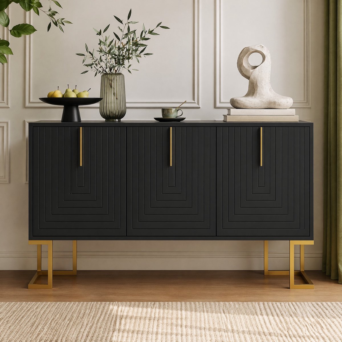 MODFU - Dressoir - 3-Deurs - Verstelbare Planken - Zwart - MDF - Spaanplaat