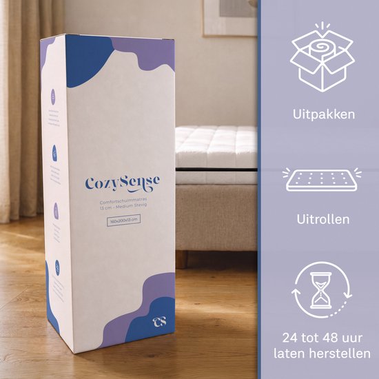 Doos van CozySense matras, met stappen: uitpakken, uitrollen en 24-48 uur laten herstellen.
