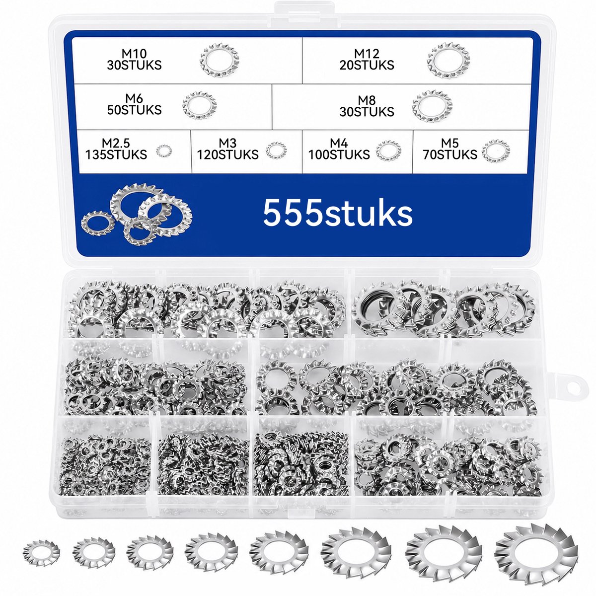 Kaiyaya - 555 stuks Borgringen set - Roestvrij staal M2.5-M12 - Tandringen met opbergbox - Voor schroefverbindingen