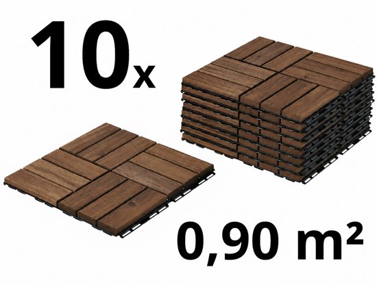 Twee stapels donkerbruine houten vlondertegels, met tekst die aangeeft 10 stuks en 0,90 m².