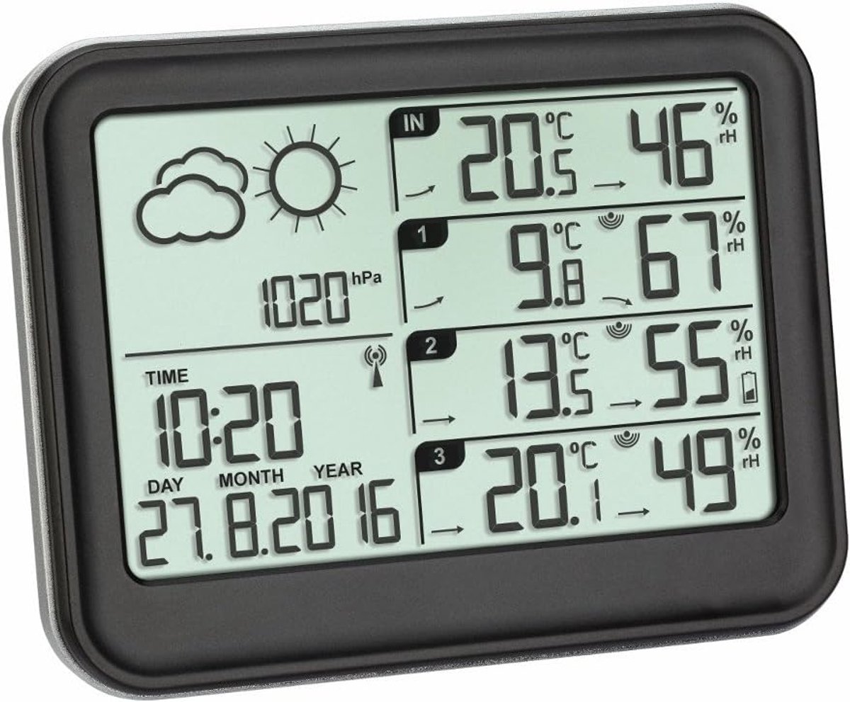 SnelShoppen - Draadloos Weerstation met 3 Sensors voor Binnen en Buiten, Temperatuur en Vochtigheid Meting, Weerbericht, Lucht Druk, Zwart, Compact 13
