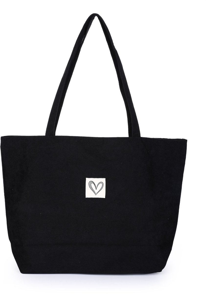 Corduroy Shopper - Ribbelstof Schoudertas met Hartje - Dames - 50x36 cm - Zwart