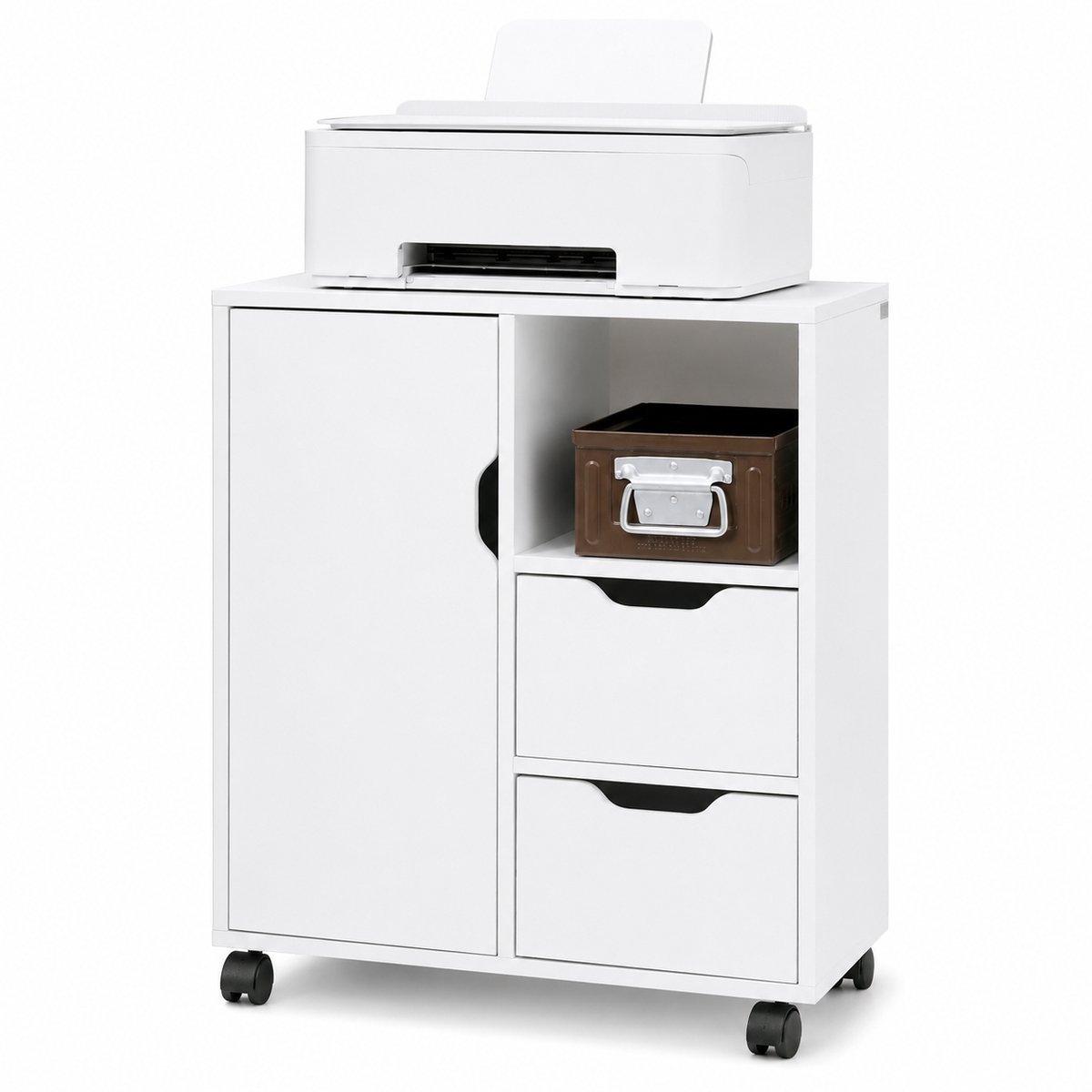 ITRONIQ Archiefkast Op Wielen - Printerkast Met 2 Lades en Deur - Opbergkast - Rolcontainer Voor Documenten - Kantoorkast - Wit