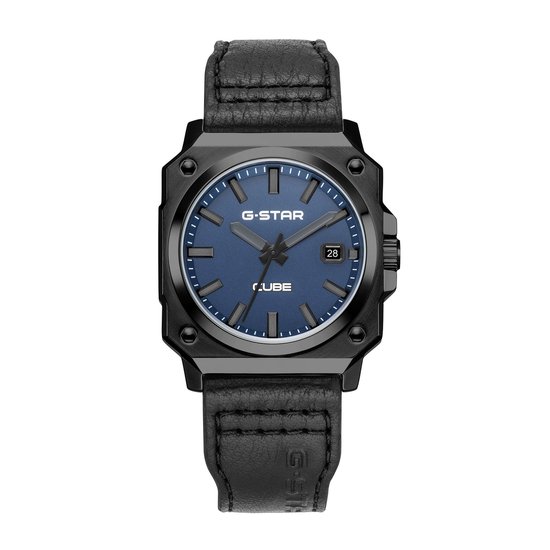 G-STAR horloge met blauwe wijzerplaat, datumweergave en zwarte leren band.