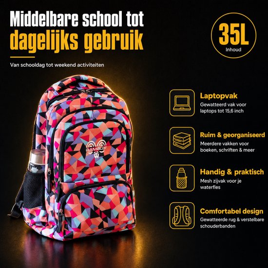 Rugzak met veelkleurig geometrisch patroon, 35L inhoud, laptopvak, waterfleshouder.