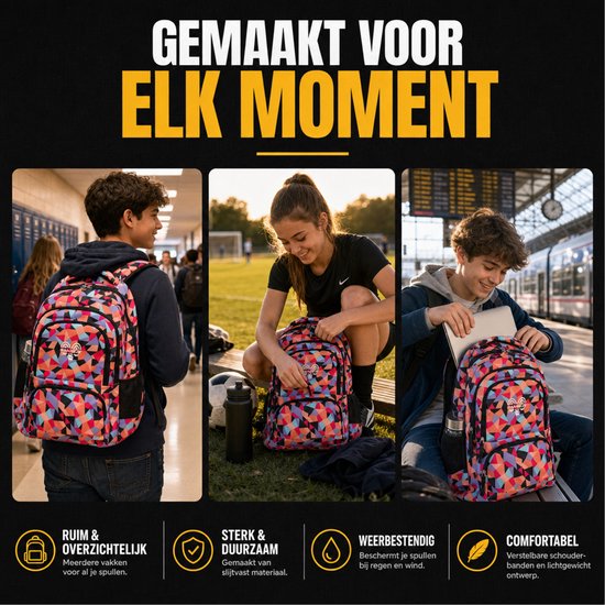 Trio van schoolkinderen met rugzakken met veelkleurig geometrisch patroon in verschillende schoolomgevingen.