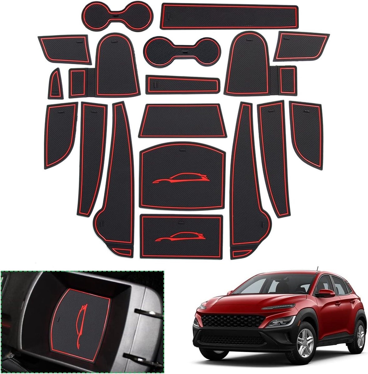 Hyundai Kona 2022 2023 Hybride/N Line Rubbermatten voor Console, Cupholder en Deur, Antislip, Rood