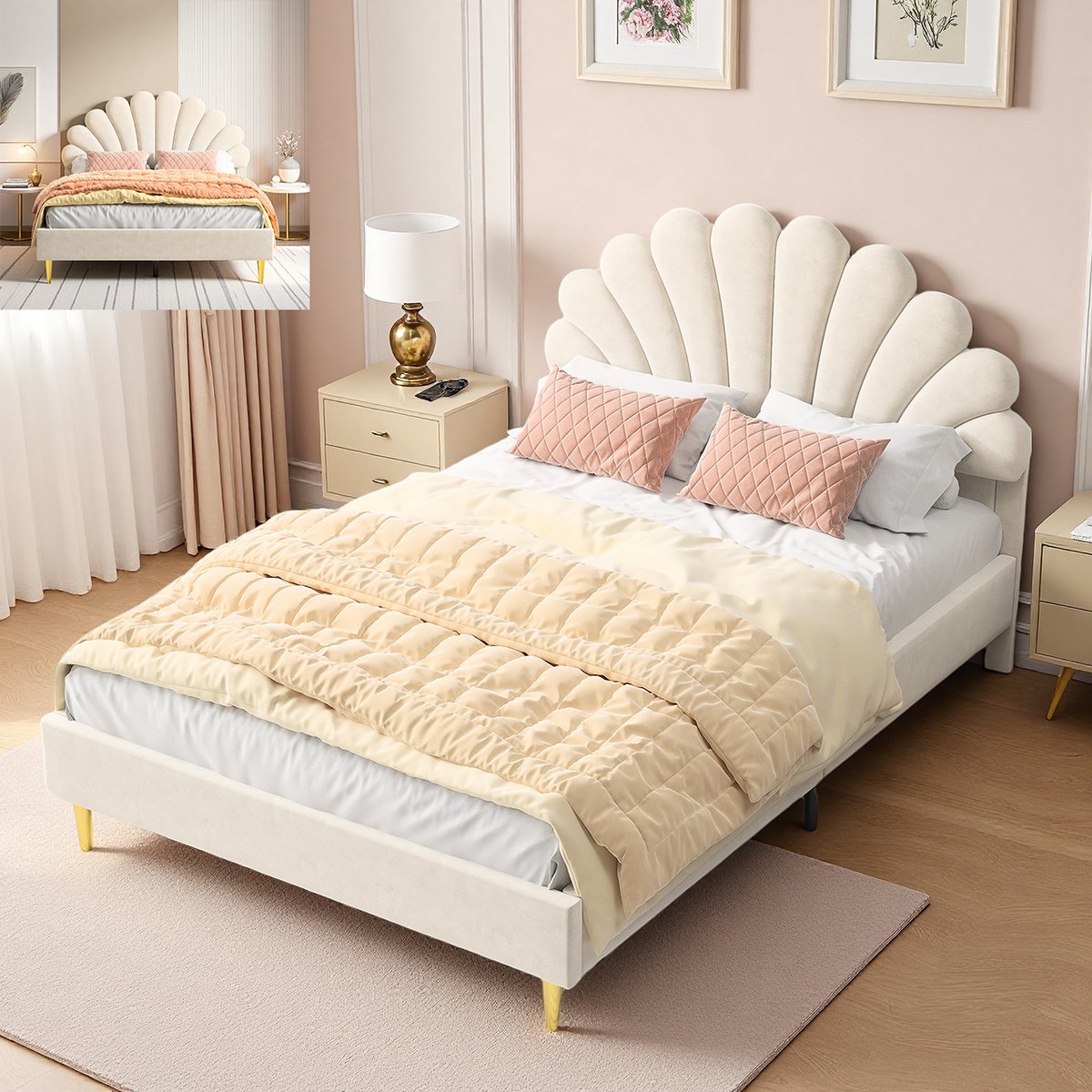 MEXUS Tweepersoonsbed 140x200 cm, meisjesbed met in hoogte verstelbaar, bloemvormig hoofdeinde, gestoffeerd voor kinderen, meisjes en tieners, lattenbodem, fluweel Beige