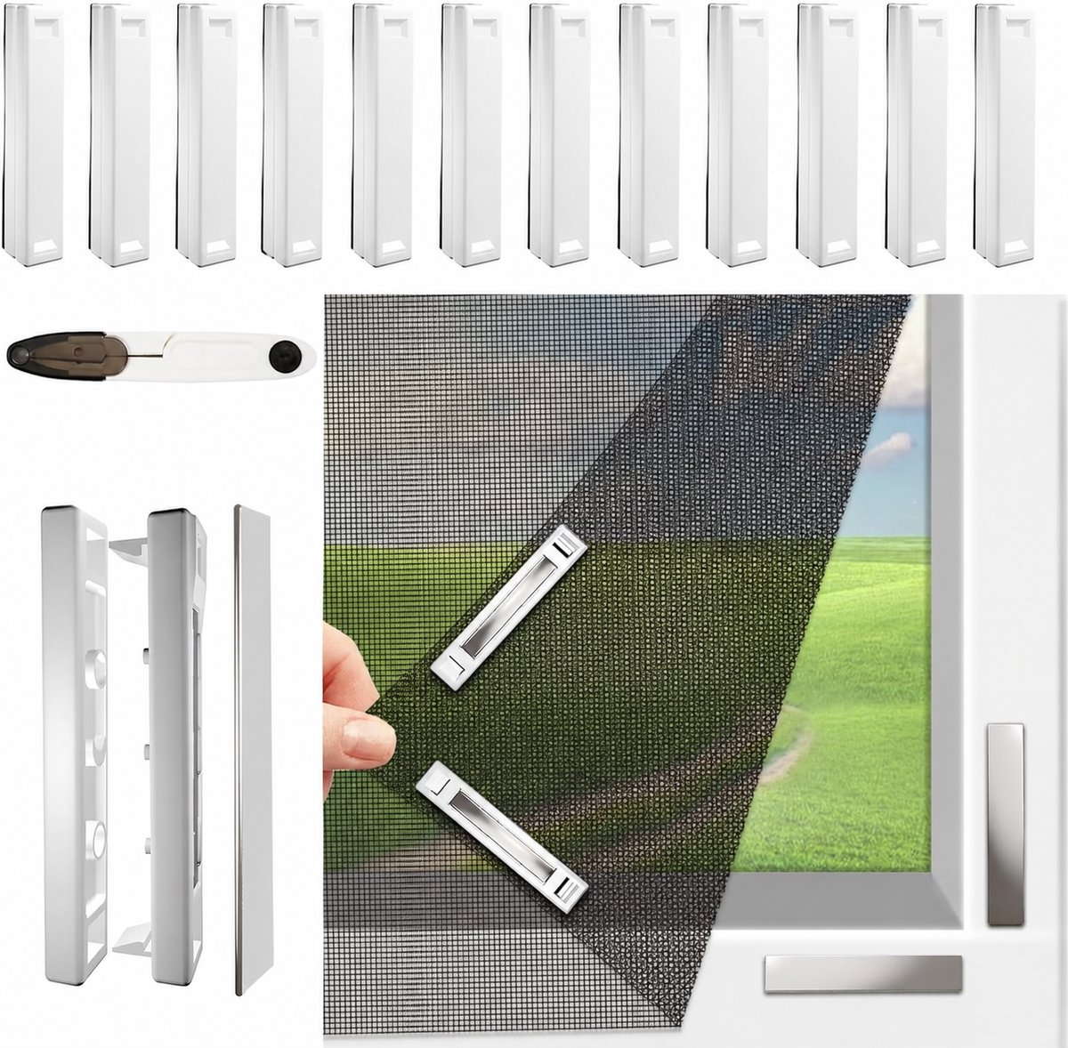 Daity 1 set - Magnetisch raamhor, verstelbaar doe-het-zelf raamnet, max. 150 x 130 cm met innovatieve magnetische sluiting, fijnmazig glasvezelgaas, raamhor met 12 magneten, muggenhor voor ramen in huis